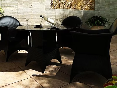 Black Wicker Outdoor Table With Dining Chairs Potted Plants And Stone Wall Background 3d model