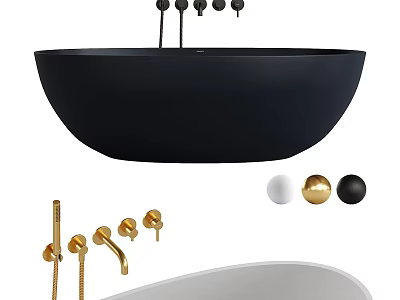 Modern Black Oval Bathtub With Gold White Black Faucet And Knobs Design 3d model