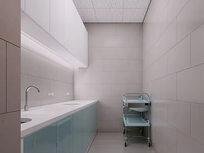 Clean Minimalist Room With White Walls Ceiling Countertop Faucet Light Blue Cabinets And Metal Cart 3d model