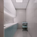 Clean Minimalist Room With White Walls Ceiling Countertop Faucet Light Blue Cabinets And Metal Cart