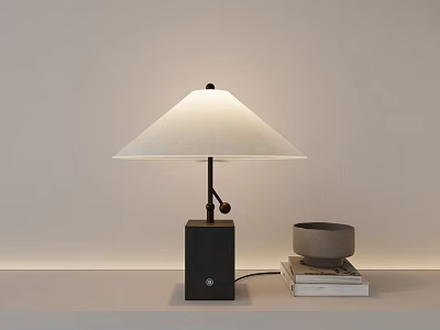 Modern Table Lamp With White Fabric Shade Black Square Base Ceramic Cup And Stacked Books 3d model