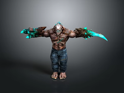 Muscular Fantasy Monster Character With Glowing Blue Blades And Denim Jeans 3d model
