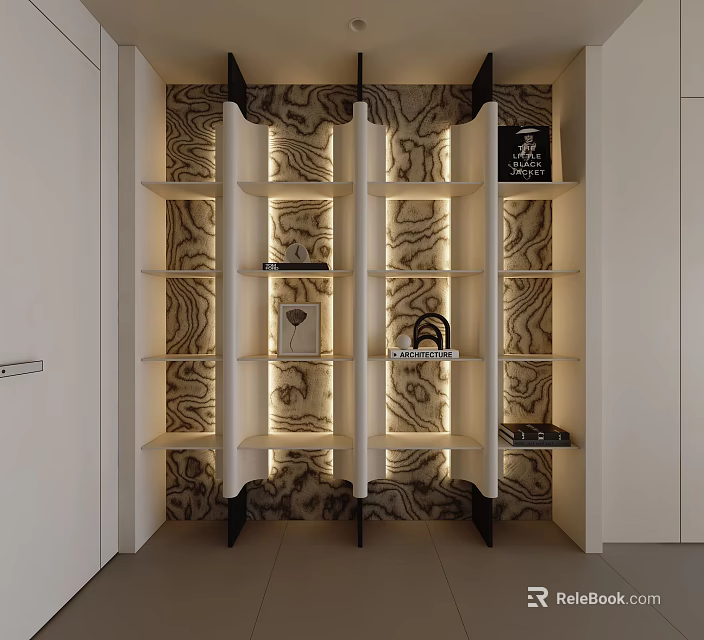Modern Bookshelf Design With Lighted Shelves And Decorative Items On 3d model 