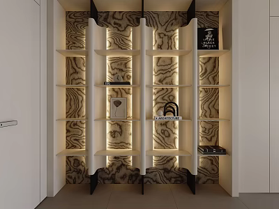Modern Bookshelf Design With Lighted Shelves And Decorative Items On 3d model
