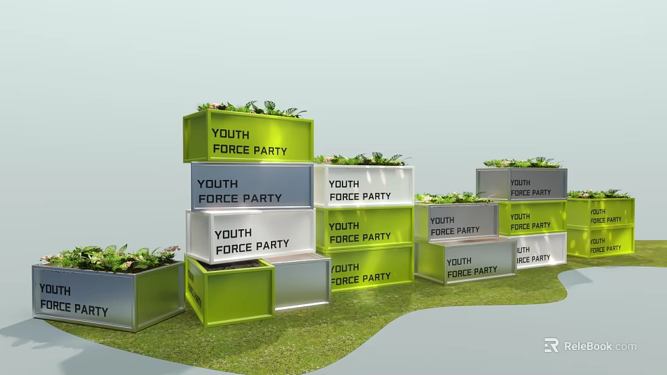 Youth Force Party Display Structures With Green Silver Design On Grass Background 3d model 