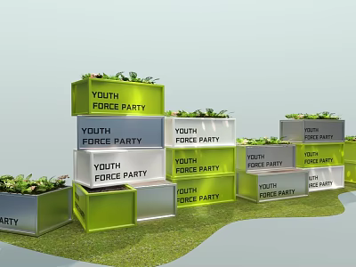 Youth Force Party Display Structures With Green Silver Design On Grass Background 3d model