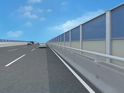 Highway Road Infrastructure With Blue Noise Barriers White Guardrails And Vehicles On Asphalt 3d model
