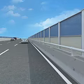 Highway Road Infrastructure With Blue Noise Barriers White Guardrails And Vehicles On Asphalt