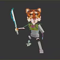 Stylized Pixel Art Character With Tiger Head Skeleton Body Glowing Sword And Green Vest