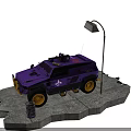 Purple Armored Vehicle with Yellow Wheels and White Emblem Near Trash Can in Dark Setting