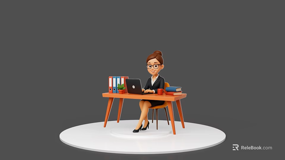 Game and Movie Character Female Office Worker Wearing Glasses Using Laptop at Desk with Binders and Books 3d model 