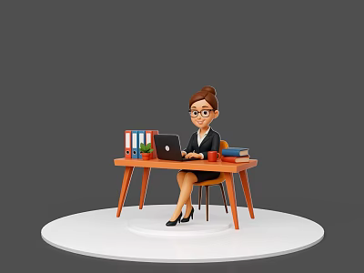 Game and Movie Character Female Office Worker Wearing Glasses Using Laptop at Desk with Binders and Books 3d model