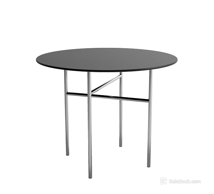 Modern Round Dining Table With Black Tabletop And Silver Metal Legs 3d model 