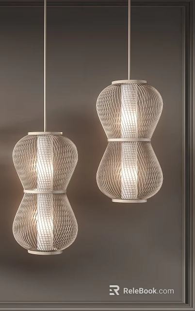 Woven Texture Lantern Chandelier With Warm Lighting For Dark Wall Interior Space 3d model 
