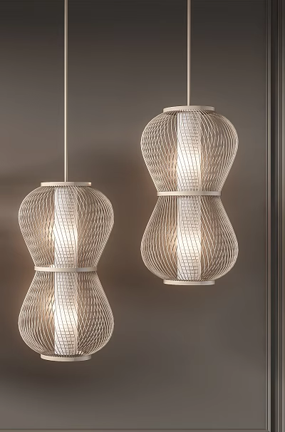 Woven Texture Lantern Chandelier With Warm Lighting For Dark Wall Interior Space 3d model