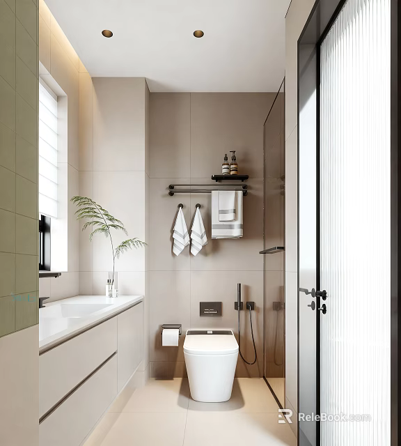 Modern Bathroom Interior Design With Glass Shower White Toilet Green Plant Towel Rack And Vanity 3d model 