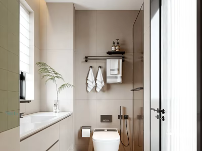 Modern Bathroom Interior Design With Glass Shower White Toilet Green Plant Towel Rack And Vanity 3d model