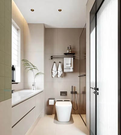 Modern Bathroom Interior Design With Glass Shower White Toilet Green Plant Towel Rack And Vanity 3d model