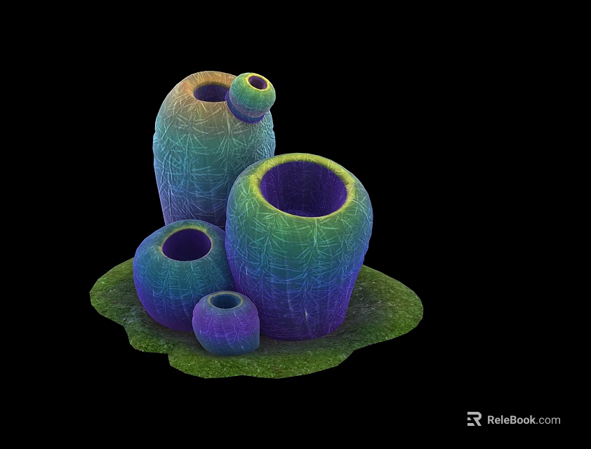Colorful Woven Texture Vases On Green Base With Black Background 3d model 