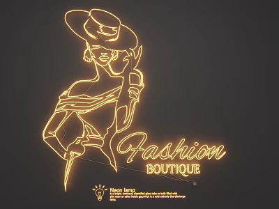 Neon Lighting Combinations with Yellow Illuminated Female Silhouette Cowboy Hat Microphone and Fashion Boutique Text 3d model