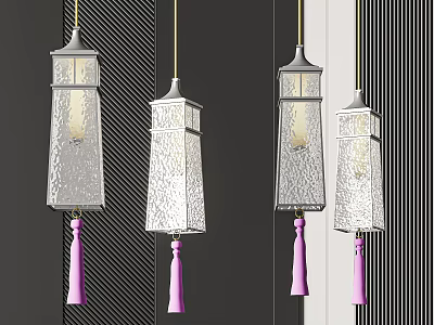 Modern Textured Glass Pendant Lights With Pink Tassels Against Dark And White Striped Wall 3d model