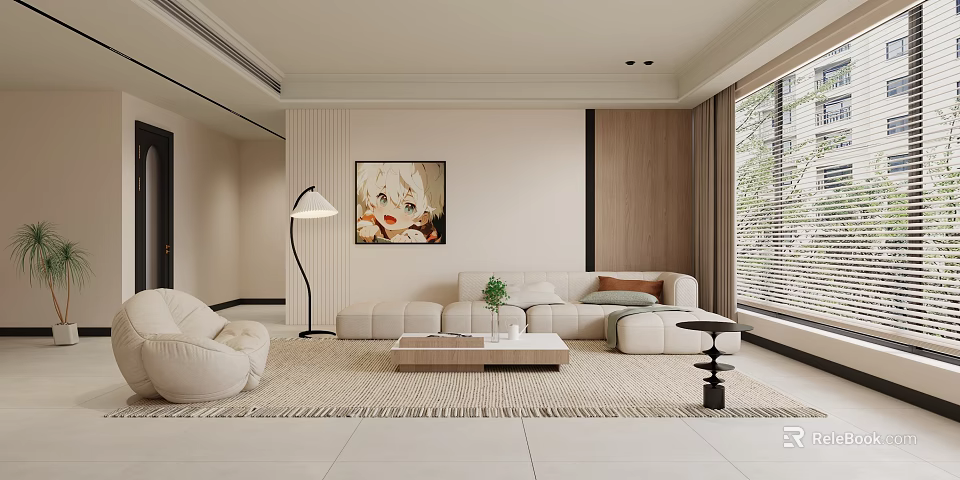 Modern Living Room Interior with Beige Sofa Floor Lamp Coffee Table and Wooden Elements 3d model 