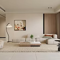 Modern Living Room Interior with Beige Sofa Floor Lamp Coffee Table and Wooden Elements