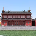 Ancient Chinese Architecture With Red Walls Black Roof Courtyard And Stone Path On Green Lawn