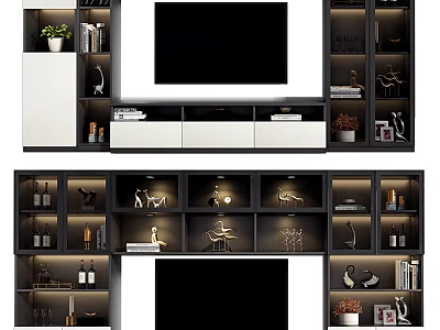 Modern TV Wall Unit With Storage Shelves Decorative Ornaments And LED Lighting 3d model