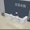 Modern Marble Reception Desk With Blue Wall Welcome Sign Receptionist And Glossy Floor