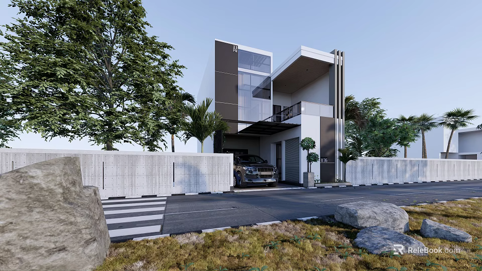 Modern Detached Villa Exterior Design With Trees Stone Wall and Car in Driveway 3d model 