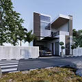 Modern Detached Villa Exterior Design With Trees Stone Wall and Car in Driveway