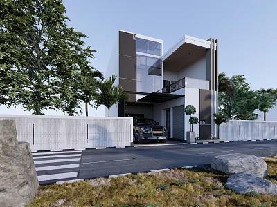 Modern Detached Villa Exterior Design With Trees Stone Wall and Car in Driveway 3d model