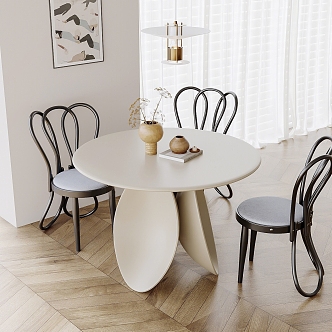 Modern Dining Table and Chair Combination Cream Dining Table and Chair Combination Dining Chair Single Chair Chandelier Hanging Picture 3d model