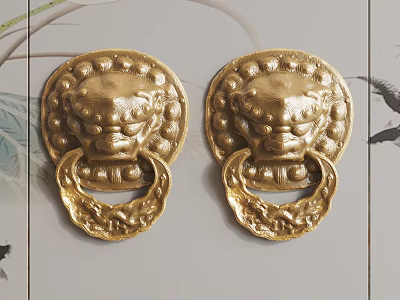 Exquisite Traditional Golden Lion Head Door Knockers Sculpture Carvings With Intricate Details 3d model