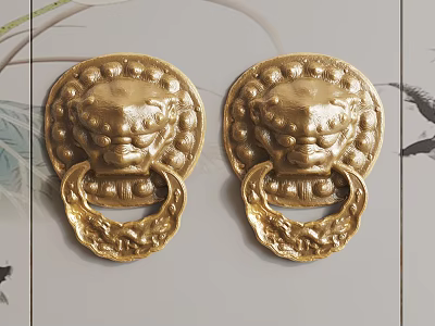 Exquisite Traditional Golden Lion Head Door Knockers Sculpture Carvings With Intricate Details 3d model