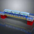 Model Train On Bridge Structure Featuring Red Piers Blue Railings And Yellow Warning Stripes