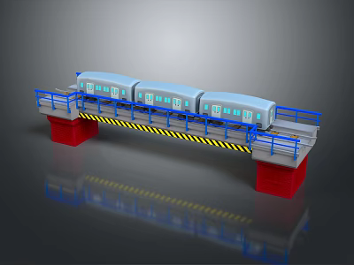 Model Train On Bridge Structure Featuring Red Piers Blue Railings And Yellow Warning Stripes 3d model