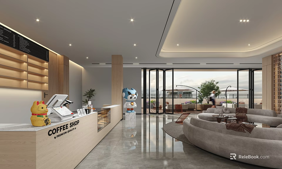 Modern Coffee Shop Interior With Counter Large Windows Sofa Area Potted Plants And Decorative Dolls 3d model 