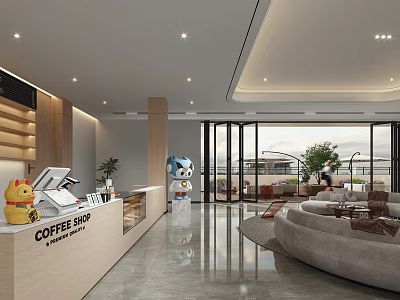 Modern Coffee Shop Interior With Counter Large Windows Sofa Area Potted Plants And Decorative Dolls 3d model