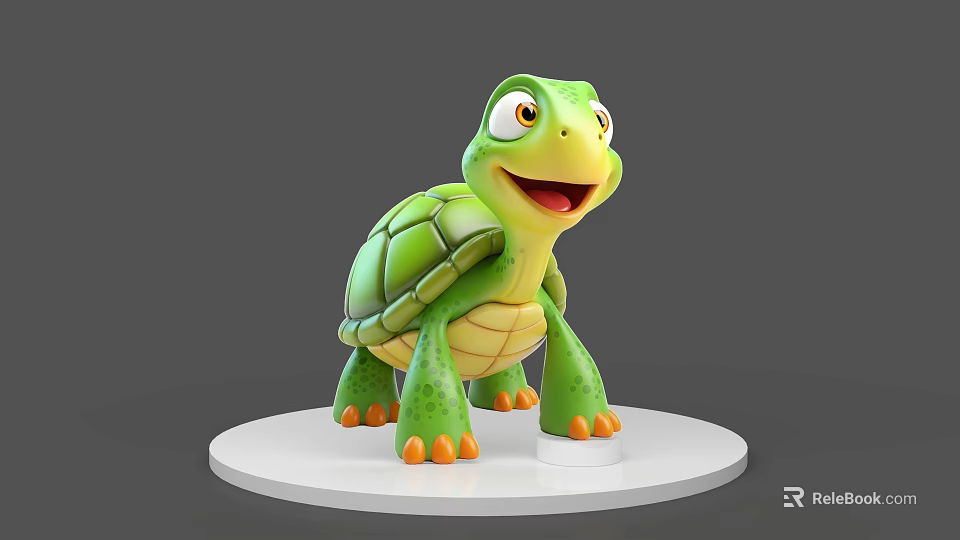 Cartoon Green Turtle with Smiling Face Standing on White Base 3d model