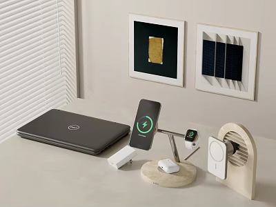 Modern Desktop Tech Accessories Combination with Dell Laptop Charging Smartphone Smartwatch Mouse and Framed Artworks 3d model