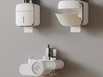 Modern Bathroom Interior With White Wall Mounted Toilet Paper Holders And Shelf With Toiletries 3d model