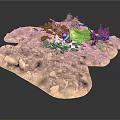 Game and Movie Character in Sandy Terrain with Rocks Branches and Green Plants