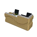 Modern Wavy Wood Grain Reception Desk With White Countertop Black Chairs And Small Plant
