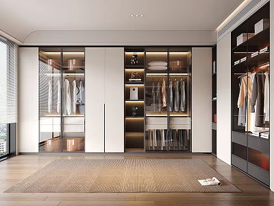 Modern Walk-in Closet Interior With Glass Door Cabinets Hanging Clothes And Open Shelves 3d model