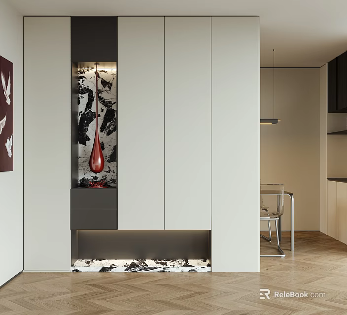 Modern Foyer Hallway Interior Design With White Gray Cabinets Red Decor Patterned Floor And Lighting 3d model 