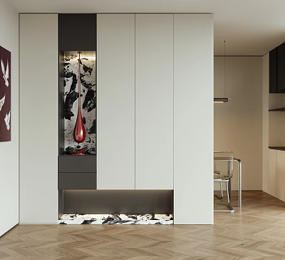 Modern Foyer Hallway Interior Design With White Gray Cabinets Red Decor Patterned Floor And Lighting 3d model