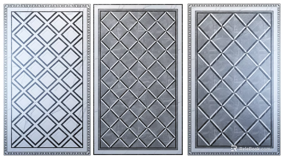 Three Different Diamond Pattern Floor Designs with Textured Surfaces and Border Details 3d model 