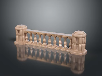 Ornate Stone Railing With Carved Pillars And Reflection In Scenic Landscape 3d model
